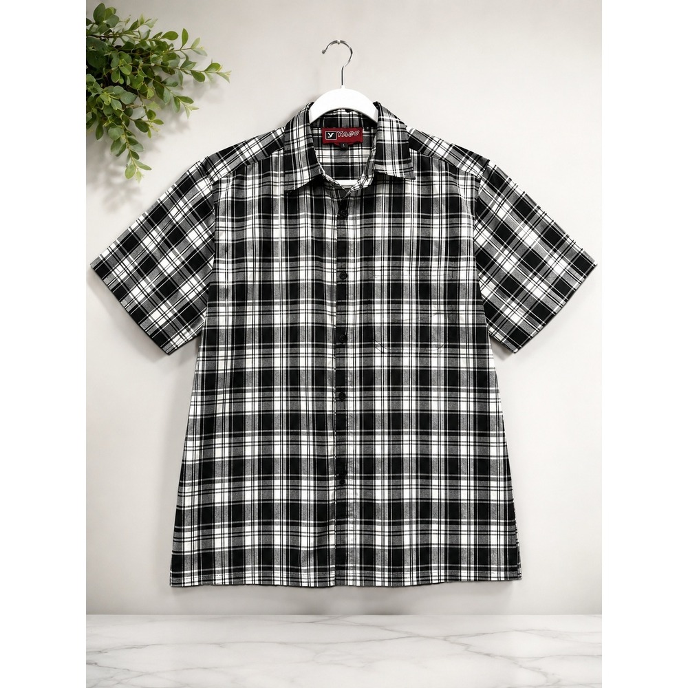Y2K Yago Black White Plaid Button Up Shirt Mens Small Skater Grunge Short Sleeve